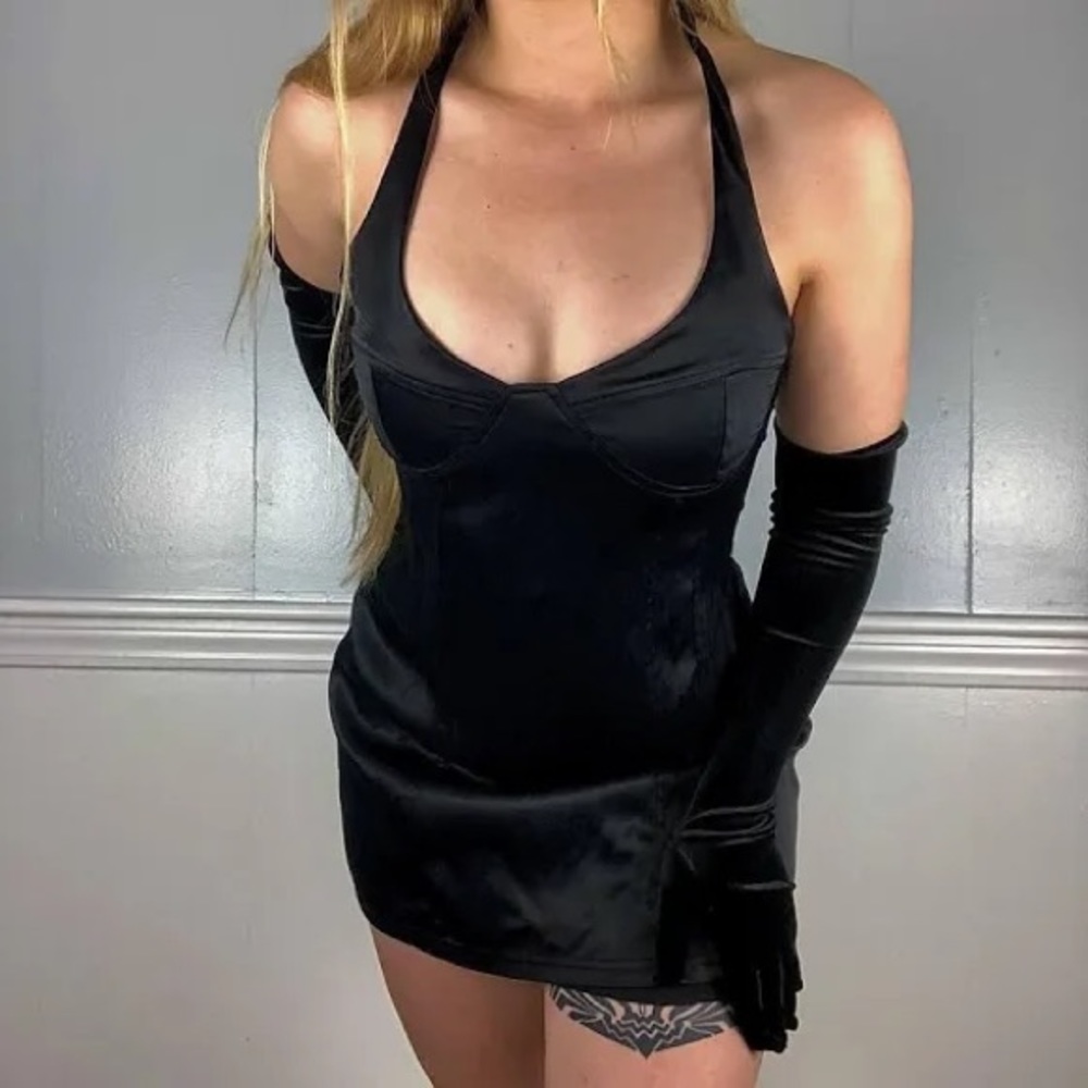 Zara satin haulter mini dress in black.